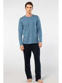 Cacharel Modal Bisiklet Yaka Uzun Kollu Nakış Logolu Erkek Pijama Takımı Cacharel 2244