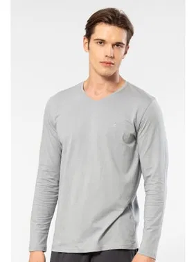 Cacharel Gri Modal Pamuklu V Yaka Erkek T-shirt Cacharel 2243