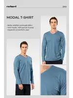 Pamuklu Modal V Yaka Uzun Kollu Erkek T-shirt Cacharel 2243 İndigo detay görünüm