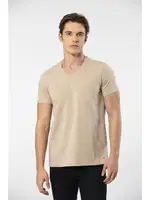 V Yaka Kısa Kollu Pamuklu Likralı Erkek T-shirt Cacharel 1332 Bej