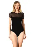 Esnek Rahat Yaka Saten Ve Tül Detaylı Bisiklet Yaka Kısa Kollu Kancalı Body Özkan 27092 Siyah