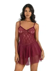 Ahu Lingerie Eteği Katlı Bordo Kısa Tül Gecelik Ahu Primoda 4216