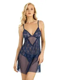 Ahu Lingerie Eteği Transparan Lacivert Kısa Tül Gecelik Ahu Primoda 4201 