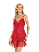 Eteği Tüllü Kırmızı Kısa Saten Gecelik Ahu Primoda 8232 Kırmızı