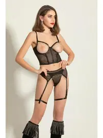 Gallipoli Fantezi Siyah Göğsü Açık Büstiyer String Ve Jartiyer Takım Gallipoli MGP6382