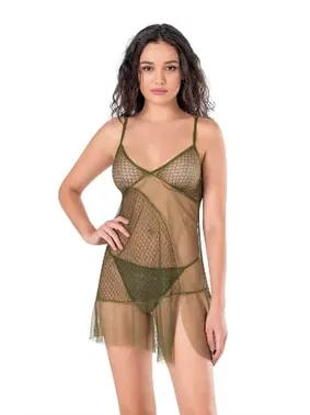 Ahu Lingerie Fantezi Tül Gecelik Haki Ahu Primoda 4119