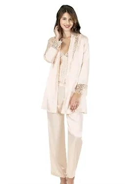 Ahu Lingerie Fildişi Üçlü Saten Gecelik Pijama Takımı Ahu 7640