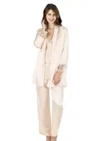 Fildişi Üçlü Saten Gecelik Pijama Takımı Ahu 7640 Ekru