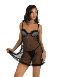 Ahu Lingerie Fırfırlı Askılı Gri Kısa Tül Gecelik Ahu Primoda 4252