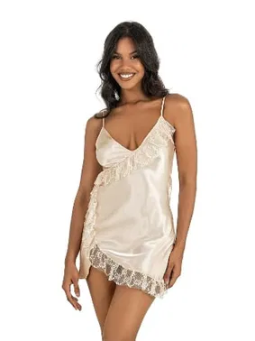 Ahu Lingerie Fırfırlı Fildişi Kısa Saten Gecelik Ahu Primoda 8229