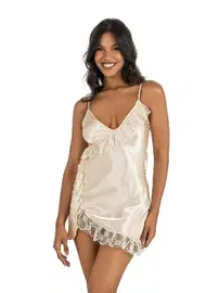 Ahu Lingerie Fırfırlı Fildişi Kısa Saten Gecelik Ahu Primoda 8229