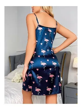 NightLight Flamingo Desenli Saten Mini Kadın Gecelik NightLight 3647  - Alternatif Görünüm