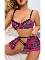 Fuşya Ekose Gecelik Fantazi Kostüm Kadın Seksi Gecelik Ruselin 2074 Fuşya