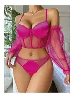 Fuşya Tül Detay Özel Gecelik Takımı Bralet Set Ruselin 2020
