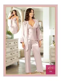 XSES Göğsü Dantel İnce Askılı Saten 3Lü Sabahlık Pijama Çeyiz Seti XSES 2102