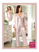 Göğsü Dantel İnce Askılı Saten 3Lü Sabahlık Pijama Çeyiz Seti XSES 2102 Pudra