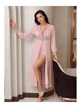 İmaj Göğüs Dekolteli Kaplı 2li Saten Yırtmaçlı Gecelik Takımı İmaj 4220