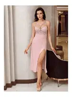 Göğüs Dekolteli Kaplı 2li Saten Yırtmaçlı Gecelik Takımı İmaj 4220 Pudra detay görünüm