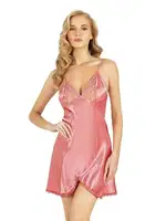 Göğüs Dekolteli Mercan Kısa Saten Gecelik Ahu Primoda 8210 Pembe