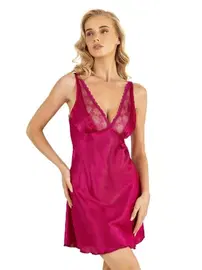 Ahu Lingerie Göğüs Dekolteli Vişne Kısa Saten Gecelik Ahu Primoda 8205