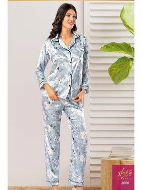 XSES Gömlek Yaka Çiçekli Saten Empirme Kadın Pijama Çeyiz Seti XSES 2000