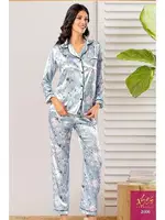 Gömlek Yaka Çiçekli Saten Empirme Kadın Pijama Çeyiz Seti XSES 2000 Mavi
