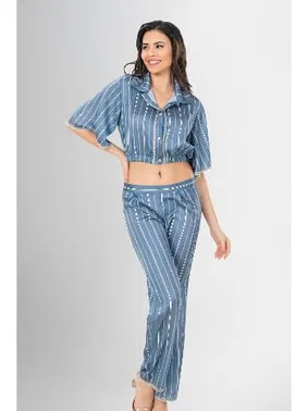 Ahu Lingerie Gömlek Yaka Crop 2li Düğmeli Pijama Takımı Ahu Loriva 1956