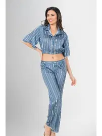 Ahu Lingerie Gömlek Yaka Crop 2li Düğmeli Pijama Takımı Ahu Loriva 1956