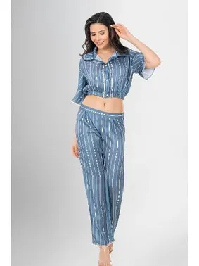 Ahu Lingerie Gömlek Yaka Crop 2li Düğmeli Pijama Takımı Ahu Loriva 1956 - Alternatif Görünüm