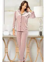 Gömlek Yaka Kadife Düğmeli Lohusa Pijama Takımı Pudra XSES 5500 Pudra