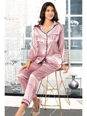 XSES Gömlek Yaka Kalpli Düğmeli Saten Empirme Pijama Çeyiz Seti XSES 2000