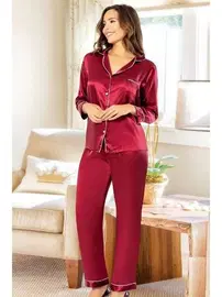 XSES Gömlek Yaka Önden Düğmeli Kadın Saten Pijama Takımı XSES 2105