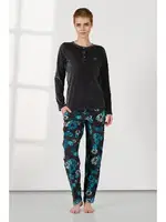 Gri Kadife Mavi Çiçek Desenli Kadın Pijama Takımı Doreanse 25K4034 Gri