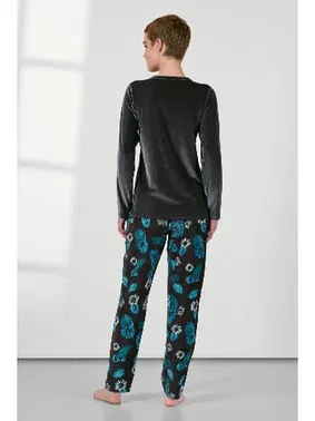 Doreanse Gri Kadife Mavi Çiçek Desenli Kadın Pijama Takımı Doreanse 25K4034 - Alternatif Görünüm