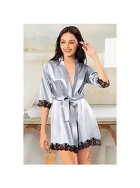 XSES Gri Kuşaklı Dantelli Saten Kısa Sabahlık XSES 2118