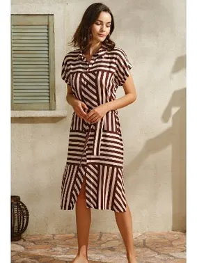Anıl Günlük Kısa Kollu V Yaka Viskon Çizgili Yazlık Uzun Elbise Anıl 5751
