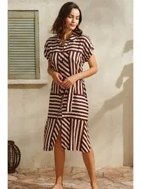 Anıl Günlük Kısa Kollu V Yaka Viskon Çizgili Yazlık Uzun Elbise Anıl 5751