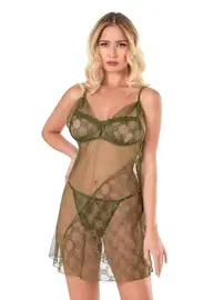 Ahu Lingerie Haki Kısa Tül Seksi Gecelik Ahu Primoda 4127