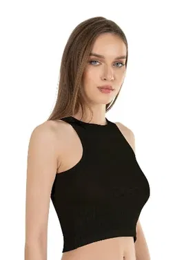 Özkan Halter Yaka Pamuklu Fitilli Vücuda Oturan Örme Crop Kadın Atlet Özkan 26814  - Alternatif Görünüm