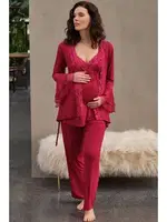 Kısa Kol T-Shirt Pantolon Hamile Sabahlık Takım Anıl 5648 Vişne