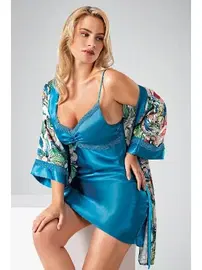 Ahu Lingerie İkili Kısa Sabahlık Turkuaz Ahu 7701
