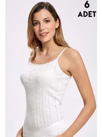 İlke 6 Adet Ekru Jakarlı Dantelli İp Askılı Kadın Atlet İlke 223