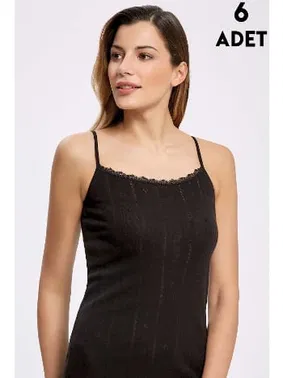 İlke Siyah Jakarlı Dantelli İp Askılı Kadın Atlet 6'lı İlke 223