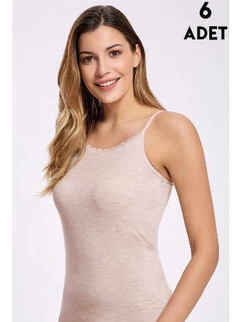 Kahve Melanj'lı Dantelli Bayan İp Askılı Atlet 6'lı İlke 246