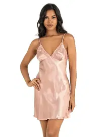 Ahu Lingerie İnce Askılı Dantelli Pudra Kısa Saten Gecelik Ahu Primoda 8201