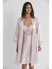 Pierre Cardin İnce Askılı Kaplı Saten Dantelli Gecelik Sabahlık Takımı Pierre Cardin 4265 