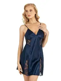 Ahu Lingerie İnce Askılı Lacivert Kısa Saten Gecelik Ahu Primoda 8204