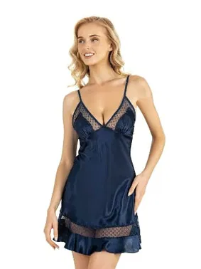 Ahu Lingerie İnce Askılı Lacivert Kısa Saten Gecelik Ahu Primoda 8212