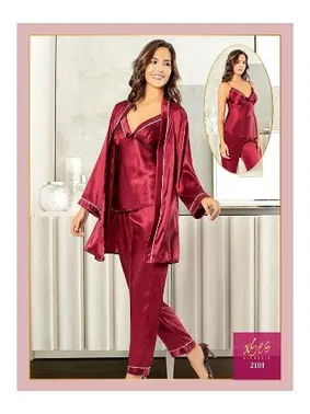 XSES İnce Askılı Saten 3Lü Bordo Sabahlık Pijama Çeyiz Seti XSES 2101