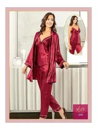 XSES İnce Askılı Saten 3Lü Bordo Sabahlık Pijama Çeyiz Seti XSES 2101